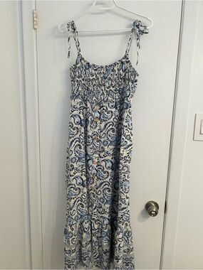 Zara Blue and White Paisley Tie-Shoulder Maxi Dress